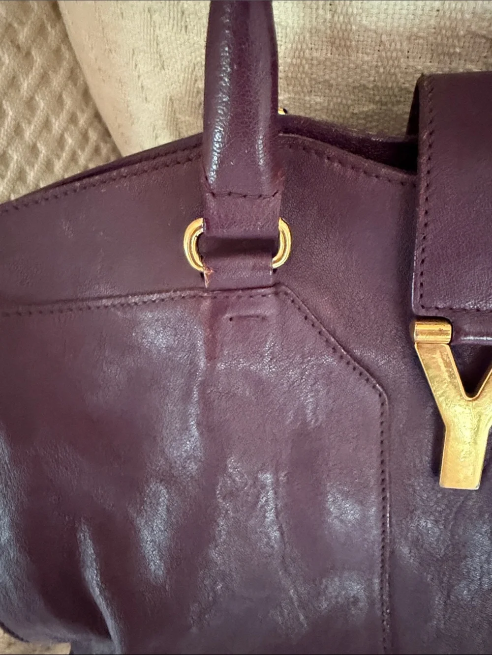 Yves Saint Laurent Plum Leather Tote with Gold Y Closure